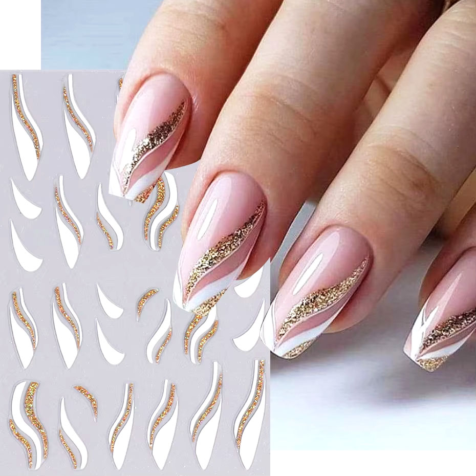 Nail Art Leopard - 1pcs Gold Glitter French Design Nail