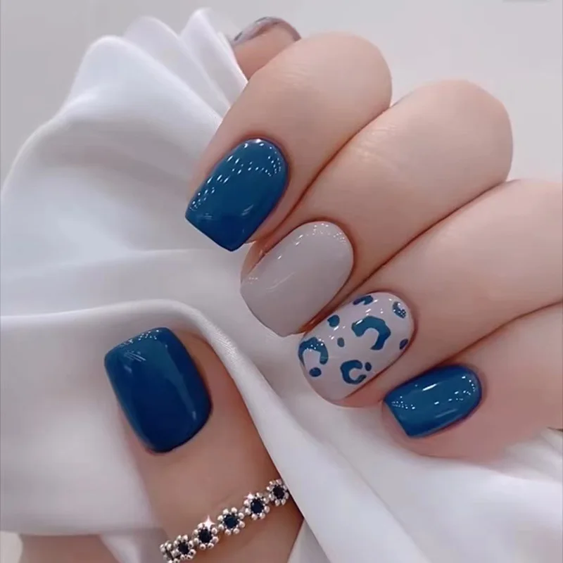 24pcs Blue Short Square Press  - đánh giá và giá Nail Art Simple